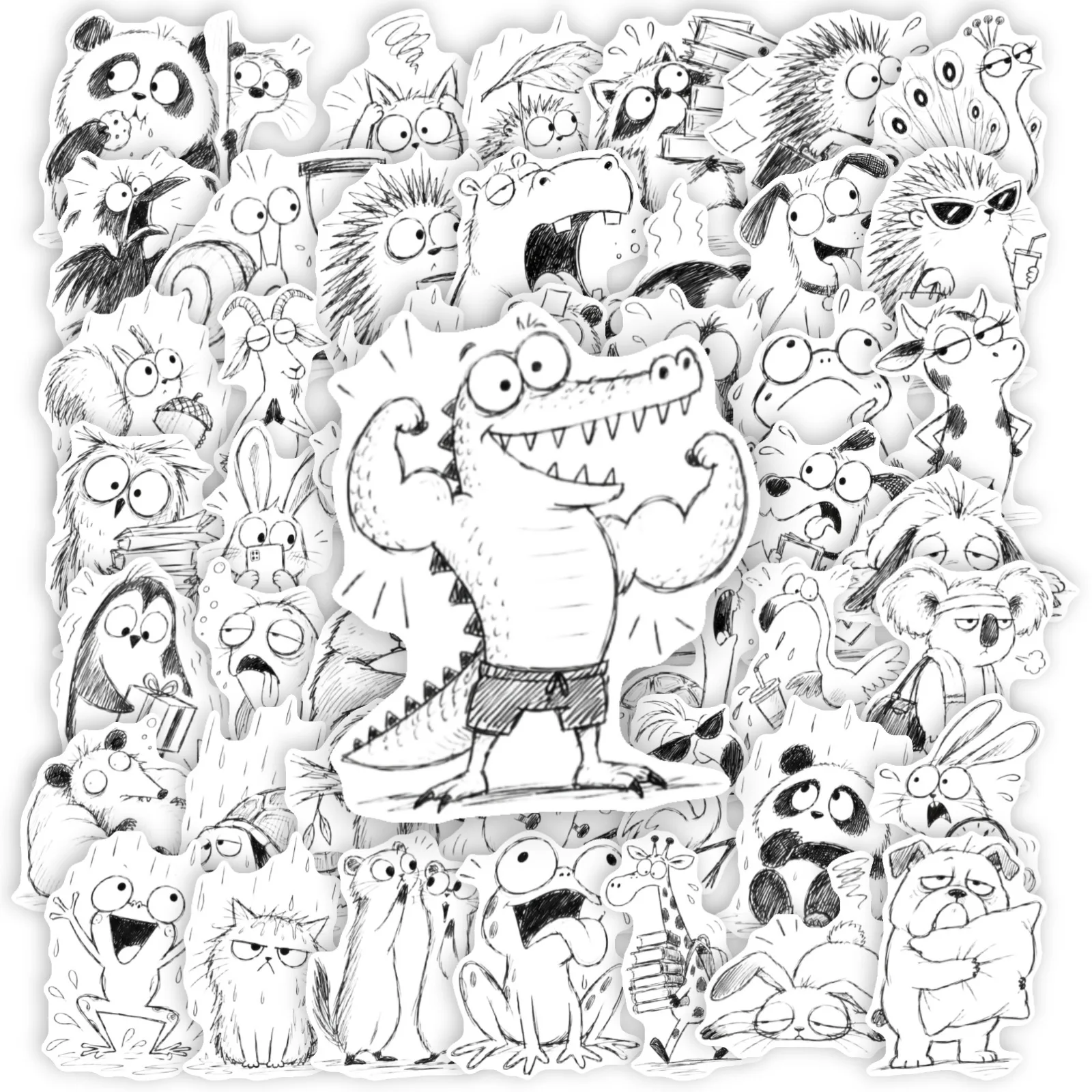 50 PCS Black White Hand Drawn Funny Sketch Animal Cartoon Stickers Decorate Scrapbook Hand Account Pencil Case Waterproof Decals