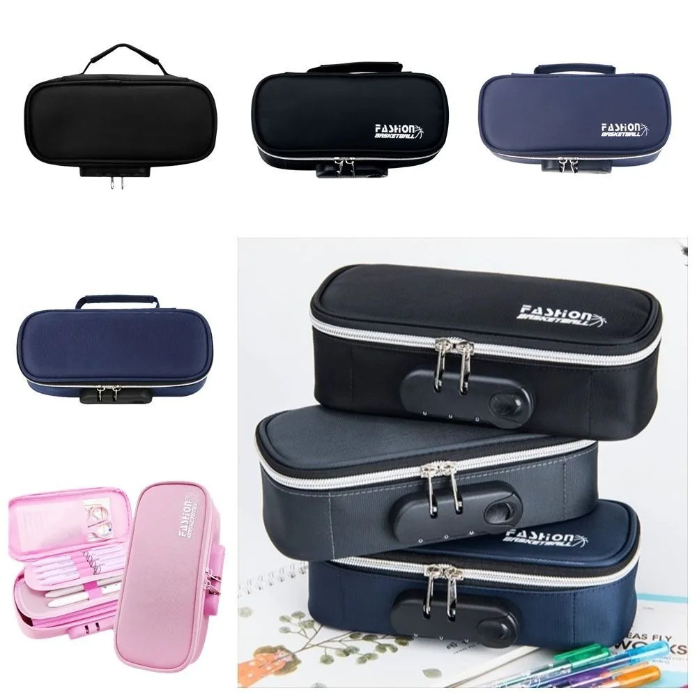 Canvas Large-Capacity Pencil Case 4 Layers Stationery Password Lock Pen Box Handheld Strong Zippers Portable Organizer Box Boy