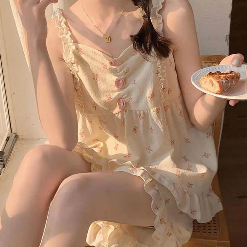 Floral Sleepwear Women Pajama Sets Korean Piiama Summer Set 2 Pieces Night Wear Sleeping Spaghetti Strap Student Home Suit 2024