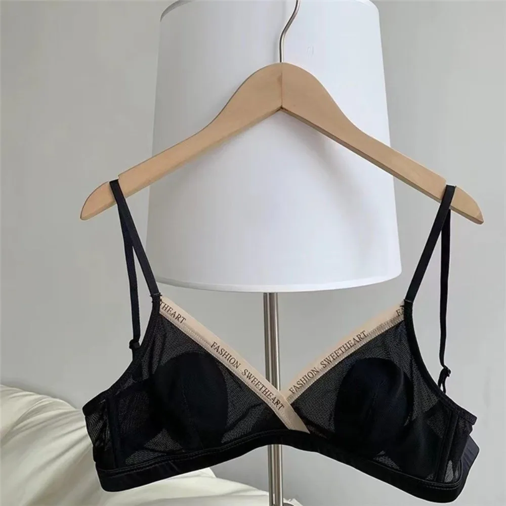 

Mesh Thin Wireless Deep V Bra English Letter Shockproof Brassiere for Women Gathered Breasts Lingerie Push Up Underwear
