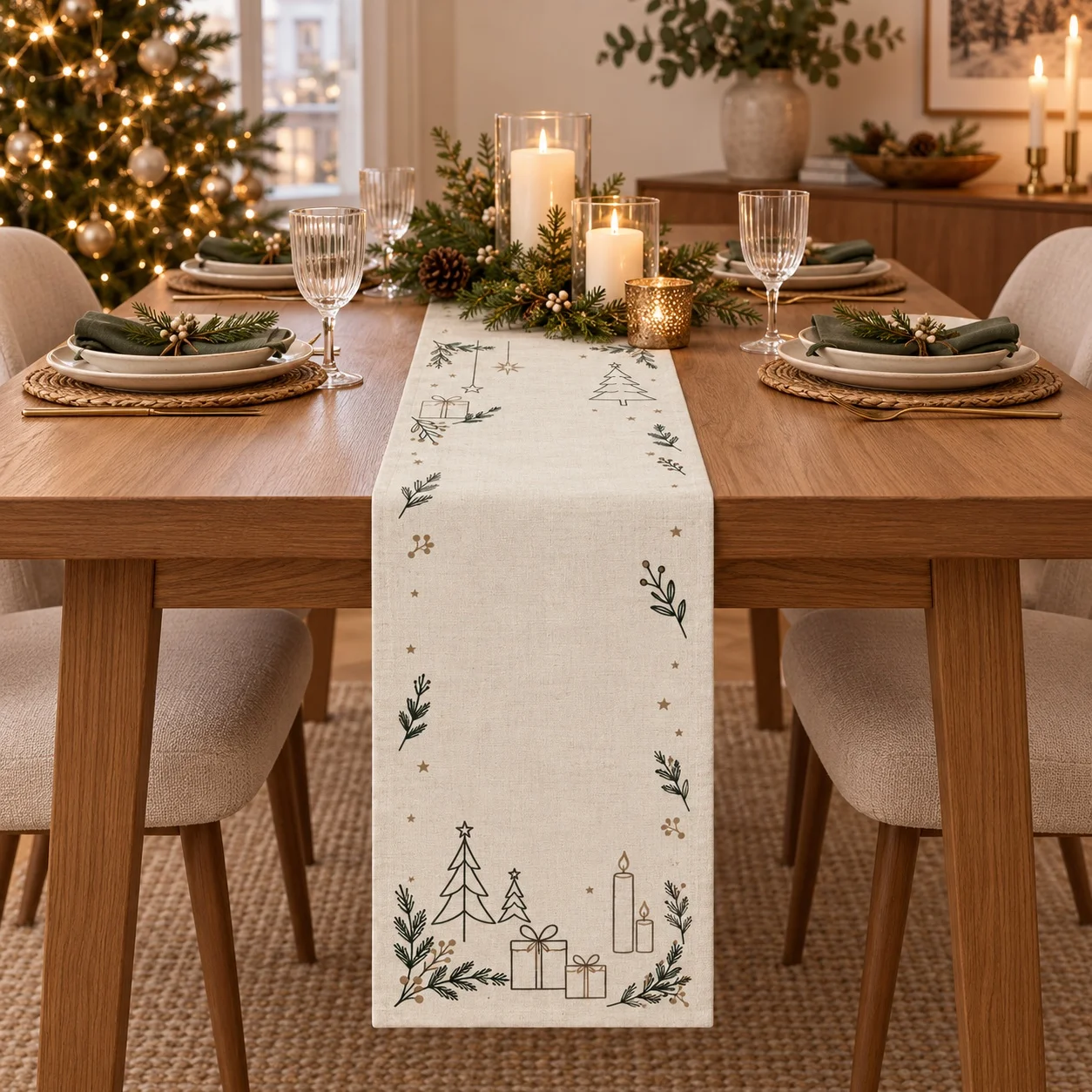 Christmas Table Runner Pine Branch Pinecone Pattern Nordic Holiday Dining Table Decor Farmhouse Winter Home Decoration