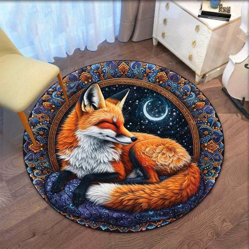 

Fox Sleeping Under Moon Round Rug Night Sky Star Pattern Animal Art Boho Style Floor Mat for Bedroom Living RoomHomeDecorFantasy