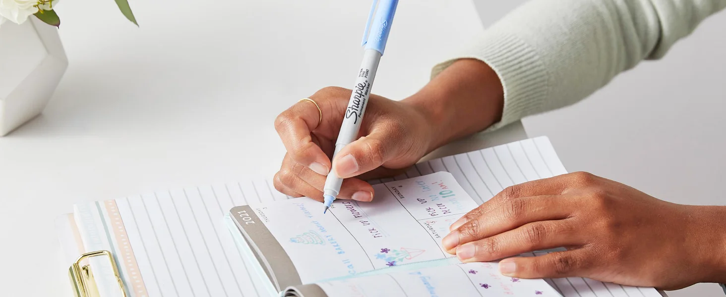 sharpie permanent marker light blue ultra fine tip calendar notebook journal office write desk cup