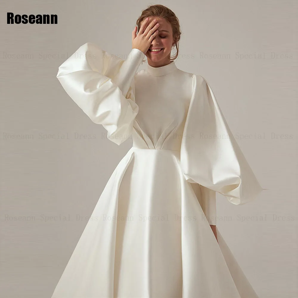 Muçulmano A-Line Vestidos De Noiva De Cetim, Draped Plissado Vestido De Noiva, Colarinho Alto, Dobra De Marfim, Puff Manga, Até O Chão, Robe