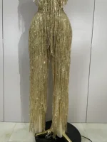 Sparkly Gold Rhinestones Sequins Fringe jumpsuit Women Sexy Nightclub Party Birthday Outfit Show Singer Stage Perform Costume - Image 6