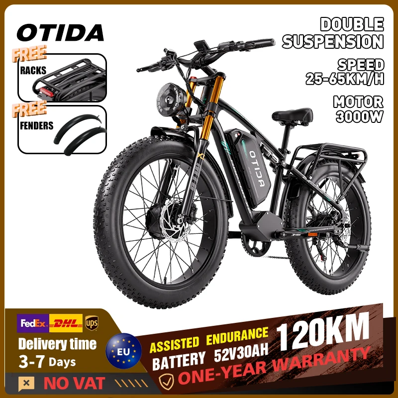 Vélo électrique OTIDA X2 26 pouces à double moteur, batterie 52V30Ah, pneus larges 3000W, vélo de montagne électrique, 65KM/H, vélo électrique pour adultes 2026