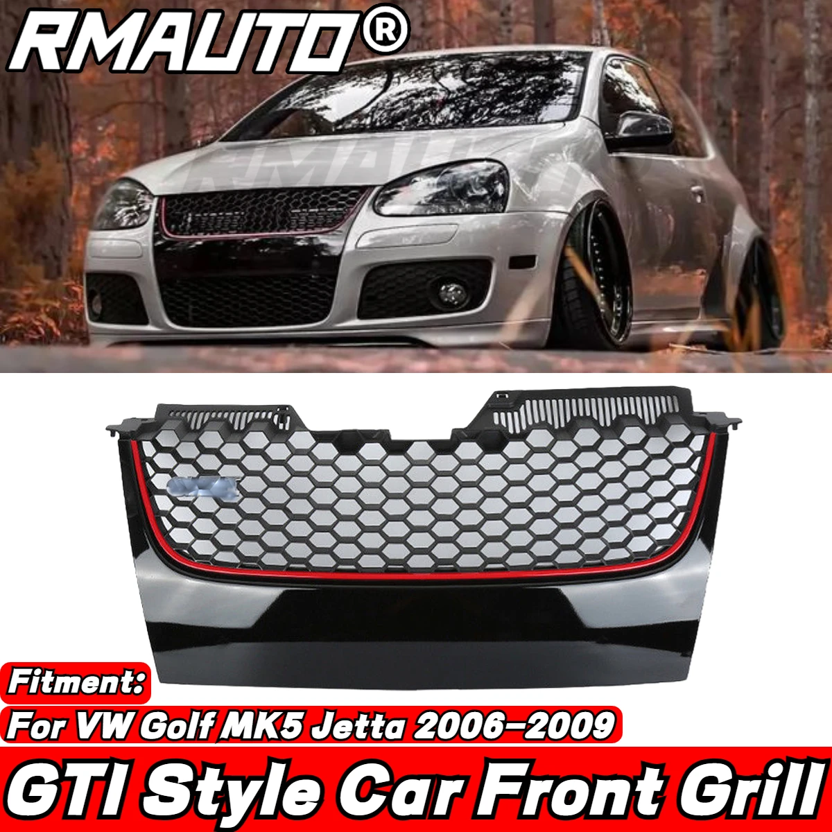 

For Volkswagen VW Golf MK5 Jetta GTI 2006-2009 GTI Red Strip Racing Grill Honeycomb Car Front Bumper Grille Car Accessories