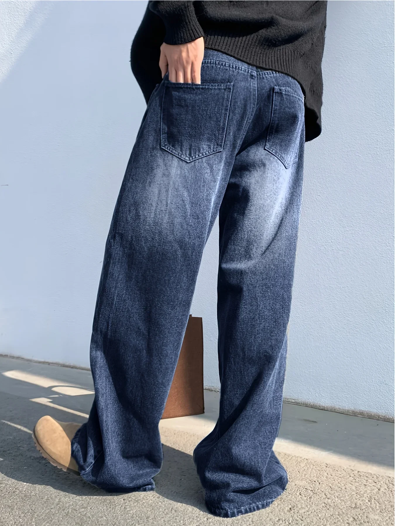 1 Piece American Gradient Wash Baggy Jeans, Dark, Casual Style, All Seasons, Pocket Detailing, Relaxed Fit, Fit for Adults view 2