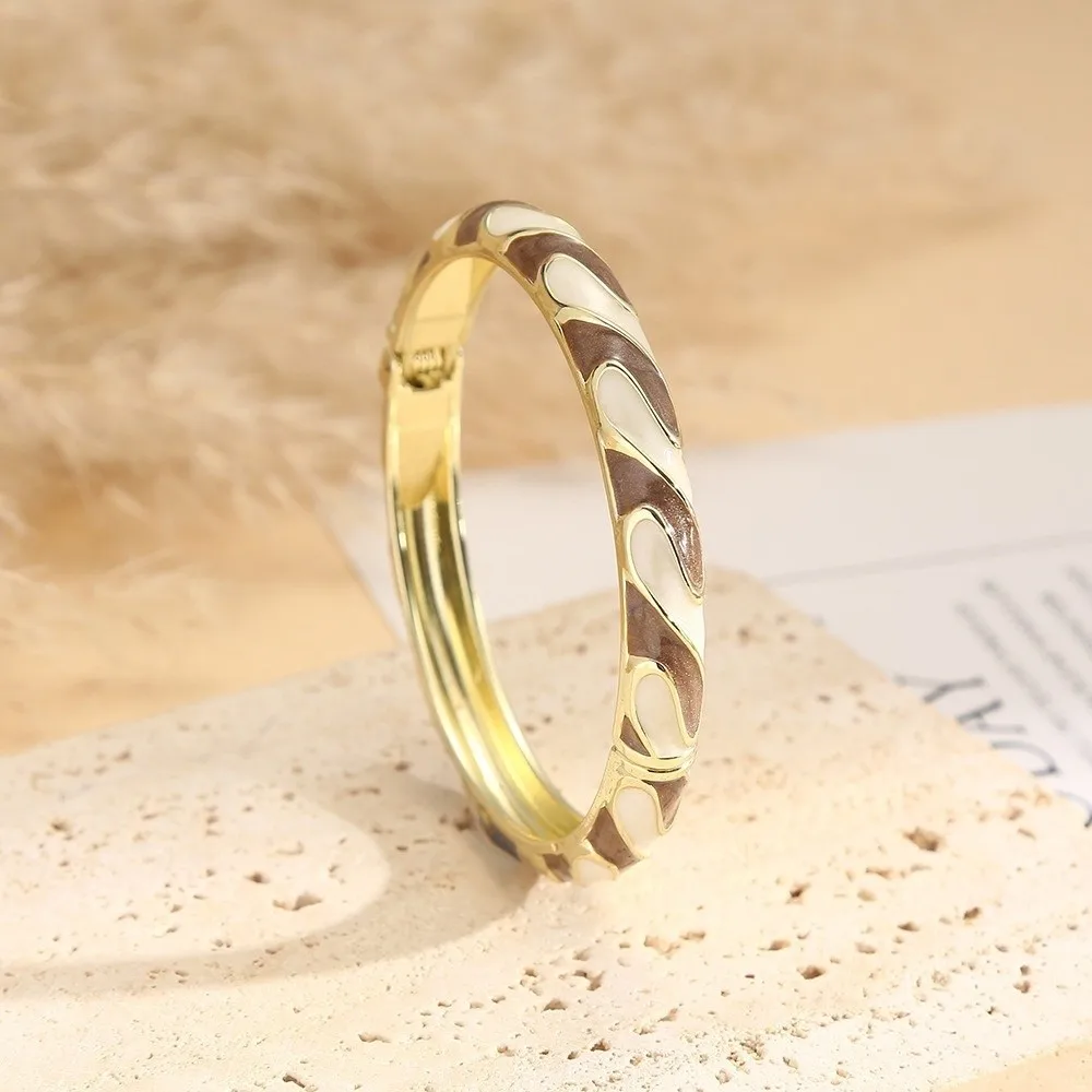 Colorful Enameled Enamel Bangle Bracelet Gold Color Plated Striped Pattern Cloisonne Bracelet Stackable Hinge Spring