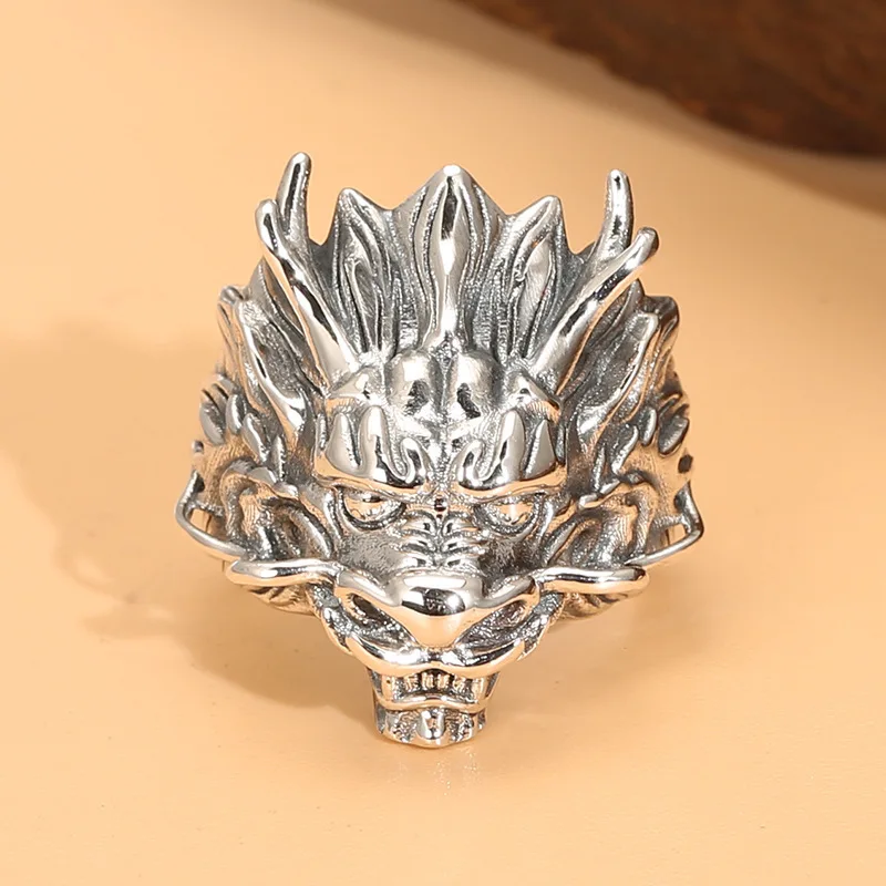 ornament men's domineering dragon head open ring Thai silver retro hipster exaggerated dragon ring wholesale