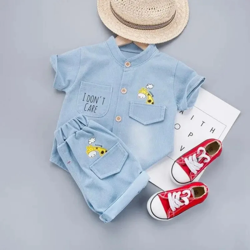 Summer Baby Boys/Girls Denim Clothes Suit Children Fashion Cartoon Giraffe Shirt Shorts 2Pcs/Set Toddler Casual Kids Clothing