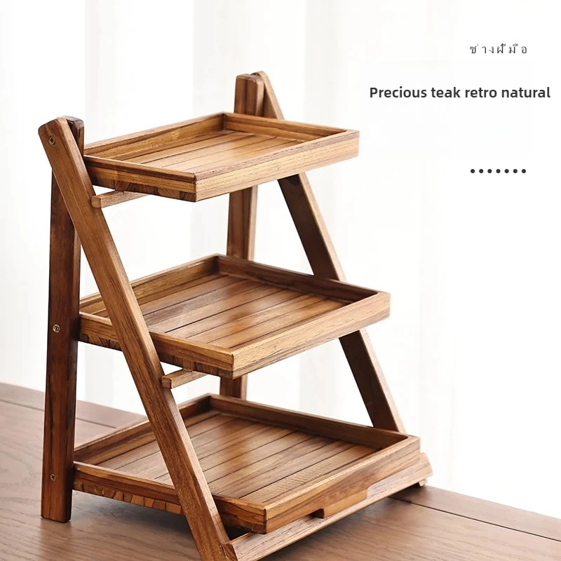 Kitchen Teak Organizer Storage Shelf Foldable Wooden Storage Rack Solid Wood Desktop Stand Multifunctional Space-Saving Holder