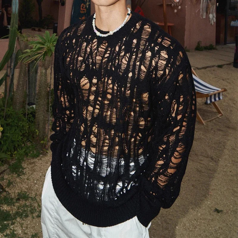 Vintage Ripped Hollow Out Mesh Knit Tops Men 2025 Spring Streetwear Fashion Crew Neck Long Sleeve Knitted T Shirt Mens Clothing image 4
