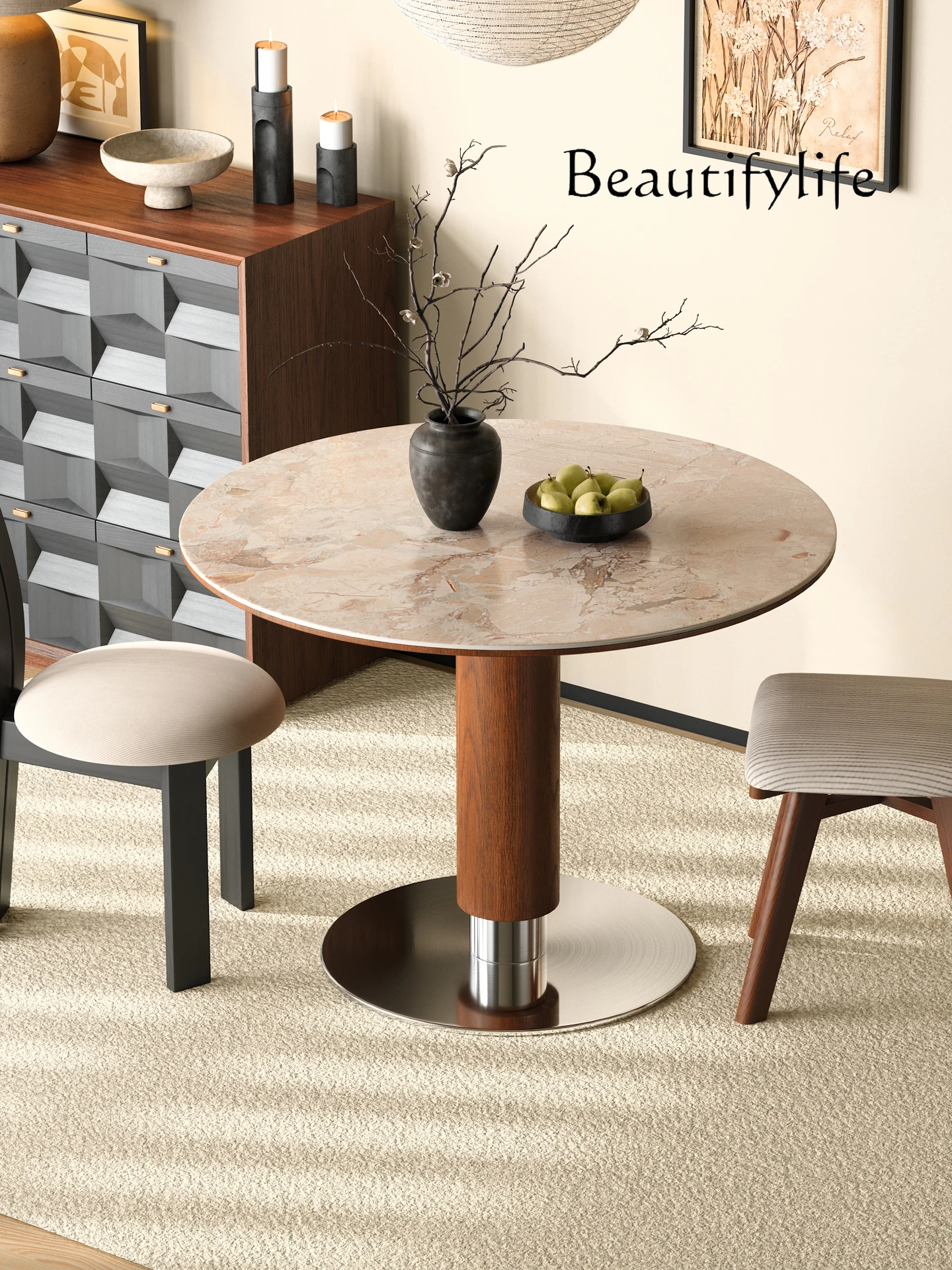 

Modern simple solid wood dining table Via round table household small apartment medieval cave stone plate table and chair combin