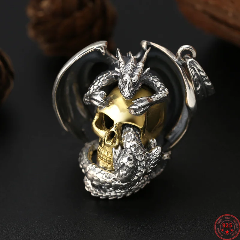 S925 Sterling Silver Charms Pendants for Women Men New Fashion Dark Dragon Wings Yellow Skull-Head Punk Jewelry Wholesale