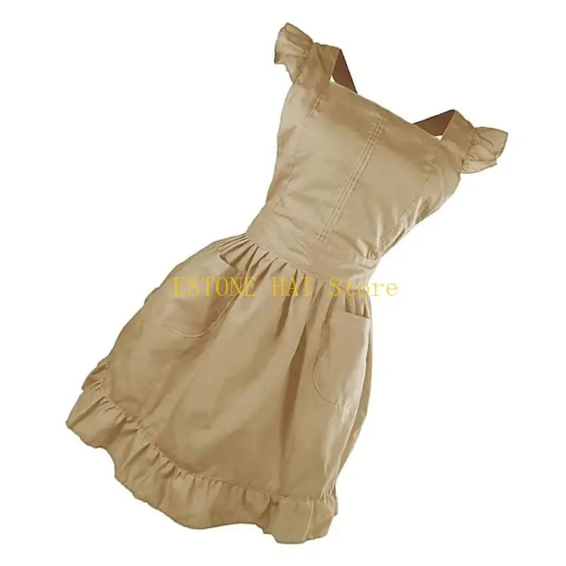 

49MF Ruffled Maid Apron with 2 Pocket for Women Plain Work Apron Pinafore Dress Kitchen Cooking Apron for Gardening Baking
