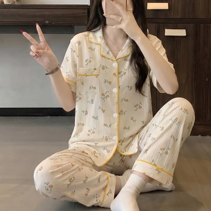 Women Flower Print Pajamas Set Short Sleeve Lapel Button Down Sleepwear Soft Homewear Sweet Cute Summer New Ladies Loungewear