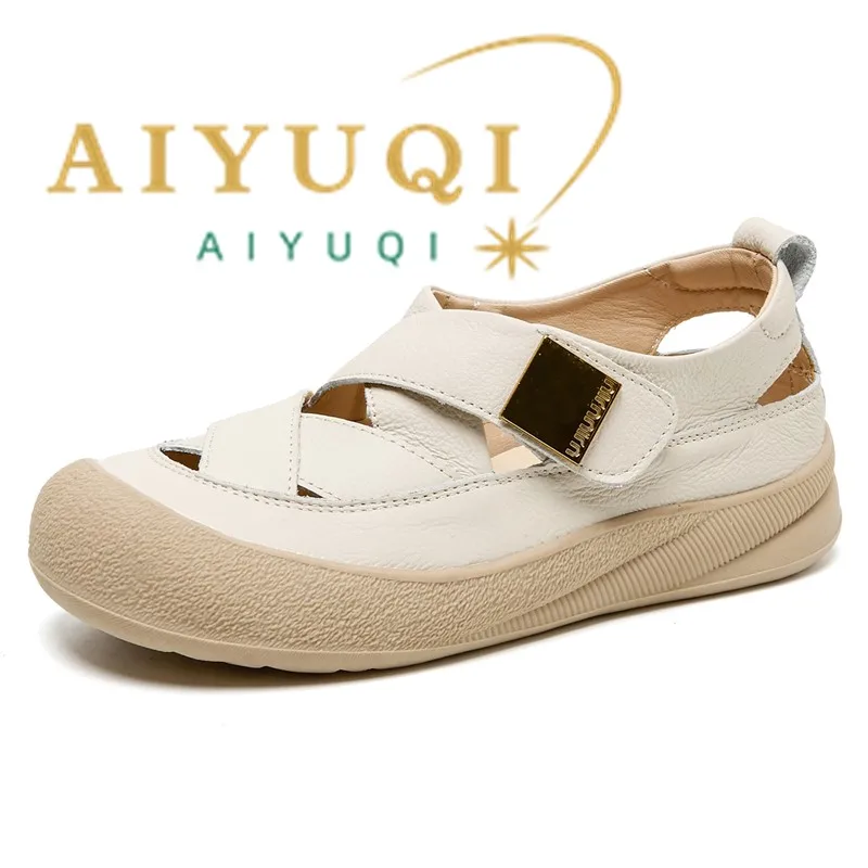 AIYUQI 2026 New flat Women's Sandals Shoe Genuine Leather Woven Pig Cage Shoes Women Anti-slip Summer Hollow-out female Shoes