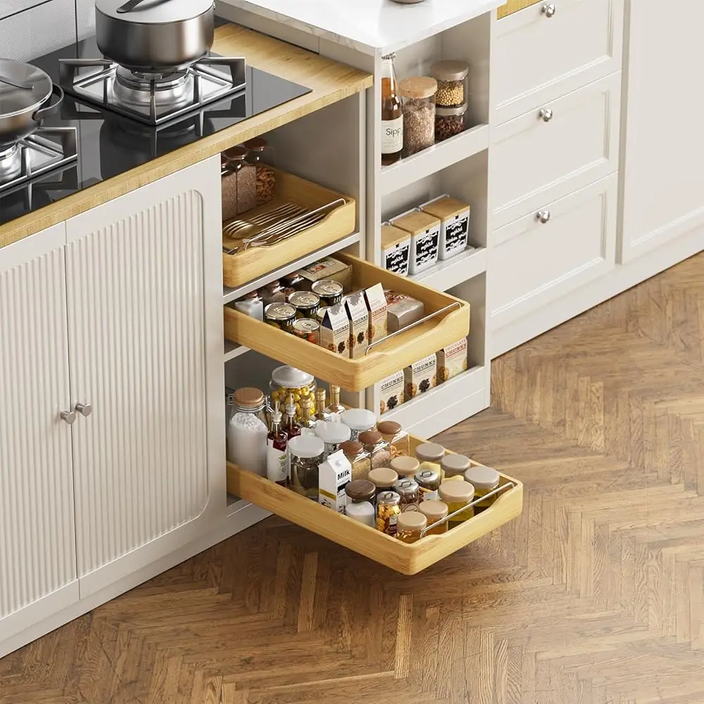 

Bamboo Wood Pull Out Cabinet Organizer Fixed With Adhesive Nano Film, Heavy Duty Slide Out Pantry Shelves, Sliding Drawer