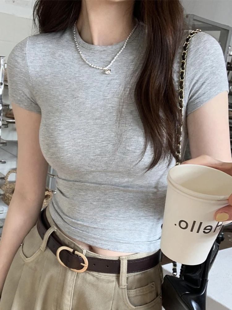Grey Short Sleeve Women T-shirt 2026 Spring Summer New Ladies Minimal Slim Petite Top Stylish Solid Color Versatile O-neck Tee