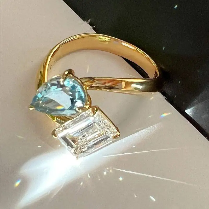 Fresh Classic Sea Blue Gemstone Water Drop Rings for Women Fashion Light Luxury Square Ring Opening Adjustable Wedding Jewelry - view 4