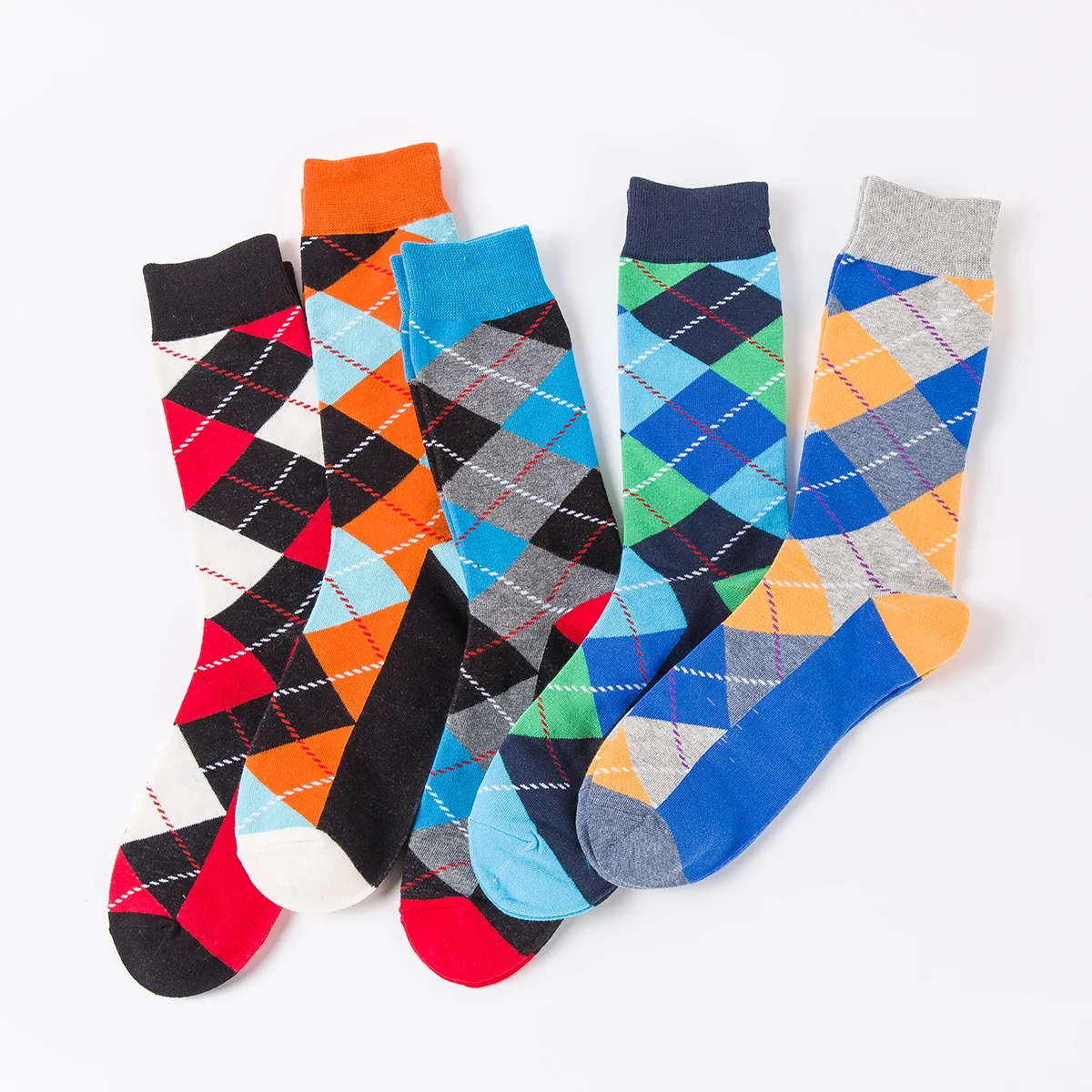 

5 pairs Hot Sale Colorful Cotton Men Socks Geometric Lattice Diamond Pattern Classic Happy Business Casual Socks