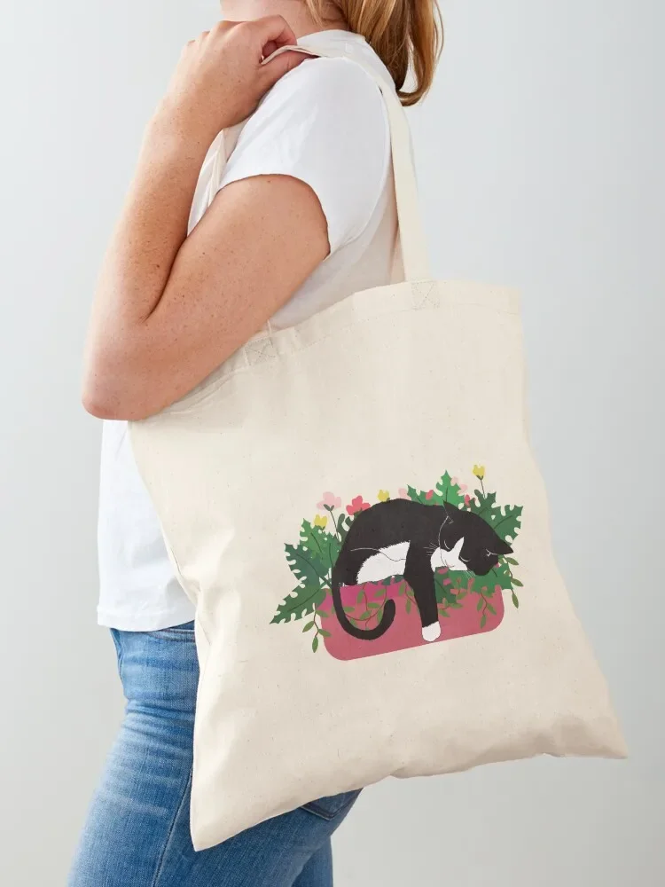 Cat Asleep in Flower Pot Tote Bag Shopper Handbags Tote Bag