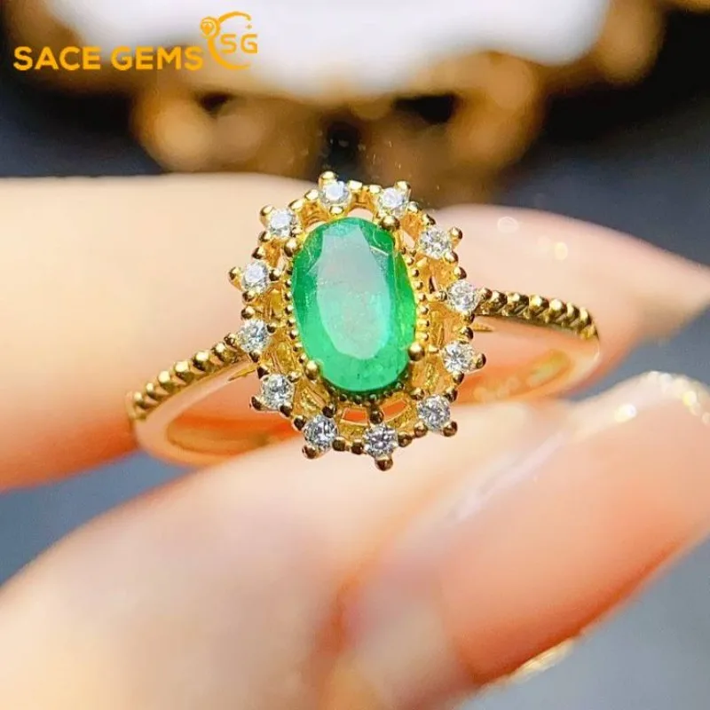 

SACE GEMS Fashion 925 Sterling Silver 4*6mm Natual Emerald Luxury Rings for Women Created Wedding Engagement Party Fine Jewelry