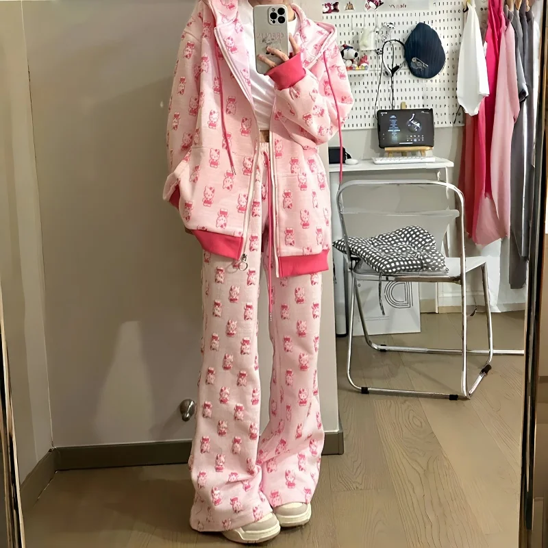 Sanrio Hello Kitty Sportswear Set Kawaii Women's Cartoon Anime Print Accessories Casual Autumn and Winter Hooded Clothing