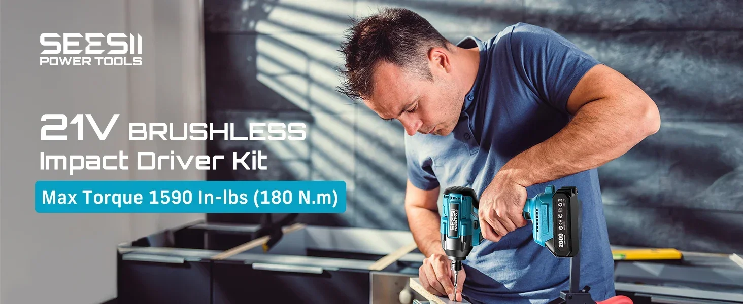 Seesii S531 Cordless Impact Driver Kit 21V Max Torque 1590 In-lbs(180 N.m) Impact Driver Set with Two 2.0 Ah Batteries 1/4" Hex Chuck Power Impact Driver w/ 20 Pcs Drill Bits 0-2500 RPM Variable Speed