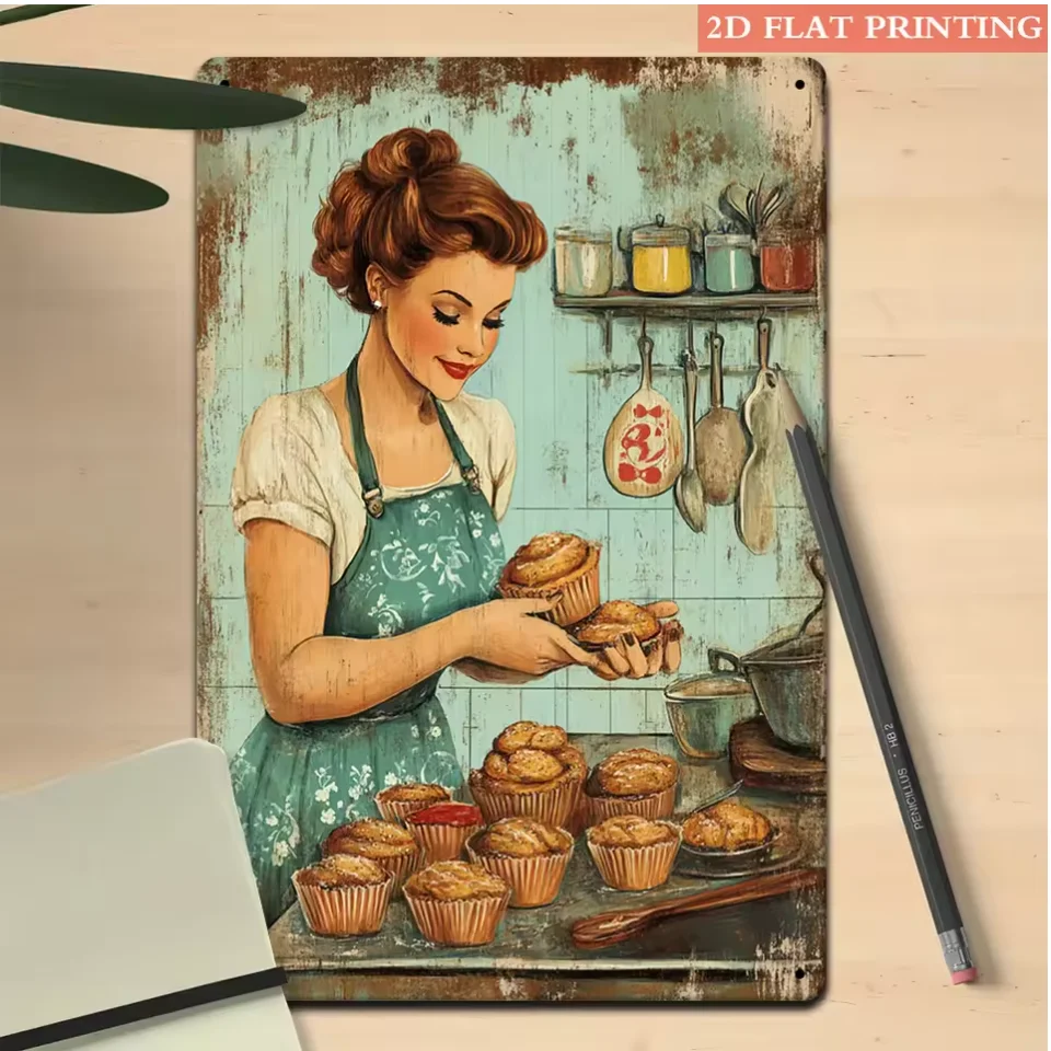 Vintage Baking Lady Tin Sign—1950S Housewife and Cupcake Metal Art Decor, Suitable for Bakery Cafes, Retro Kitchen Decor