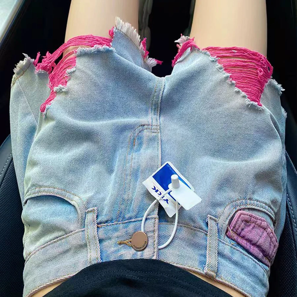 Women High Waist Denim Shorts Summer Contrast Color Pink Ripped Frayed Tassels Hem Shorts Light Washed Distressed Hot Pants Y2K