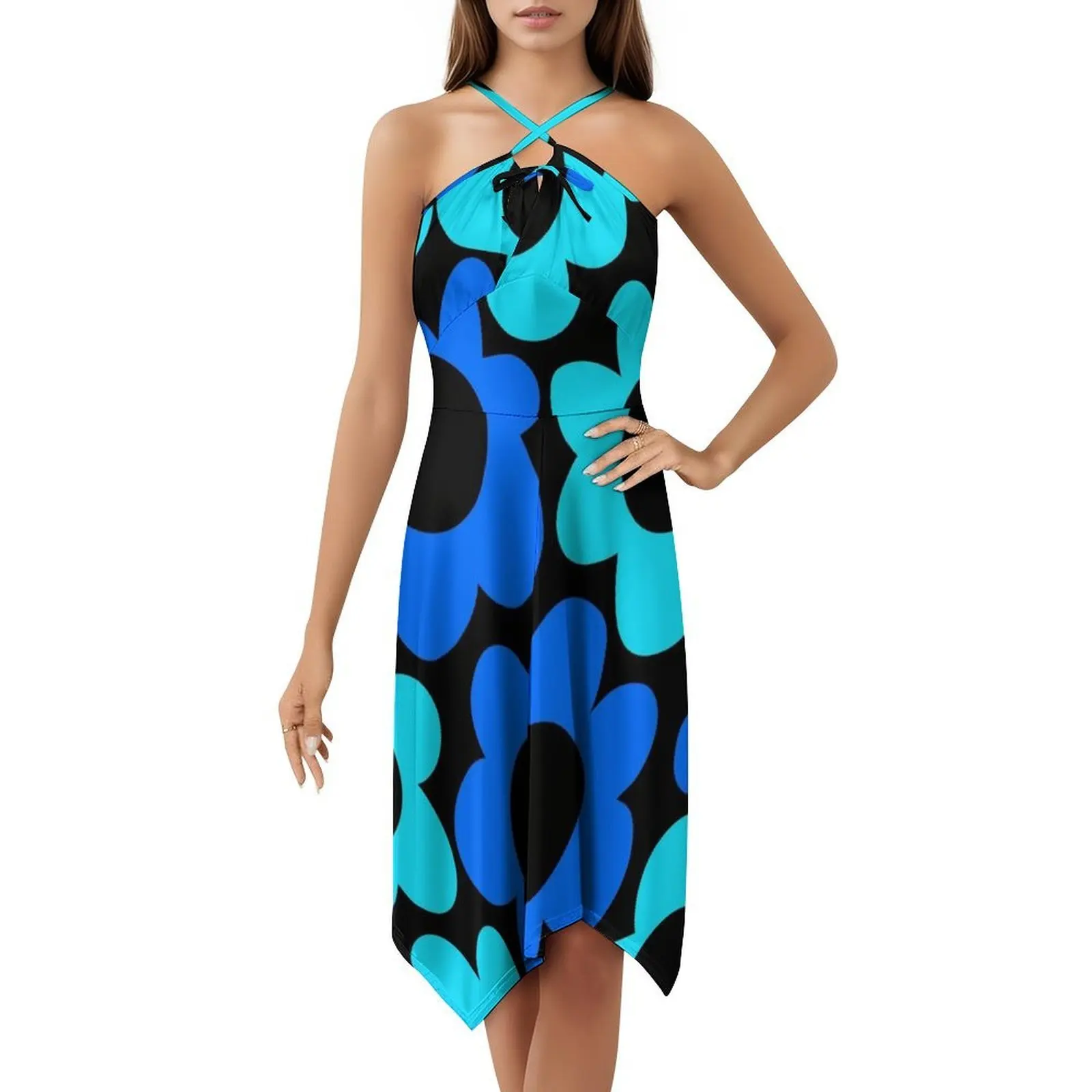 فستان ريترو 1960'S أزرق وزهرة أكوا على فستان قصير أسود على طراز بريبي للنساء على شكل حرف a فضفاض مناسب فستان يوم غير رسمي عتيق #5