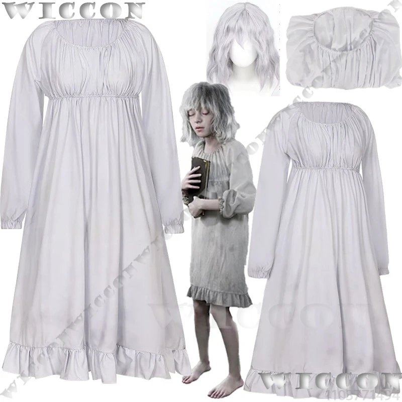 

Emily Anime Horro Game Requiem Residenttt 9 Cosplay Costume White nightgown Silver Curly Short Wig Woman Girl Clothes Halloween