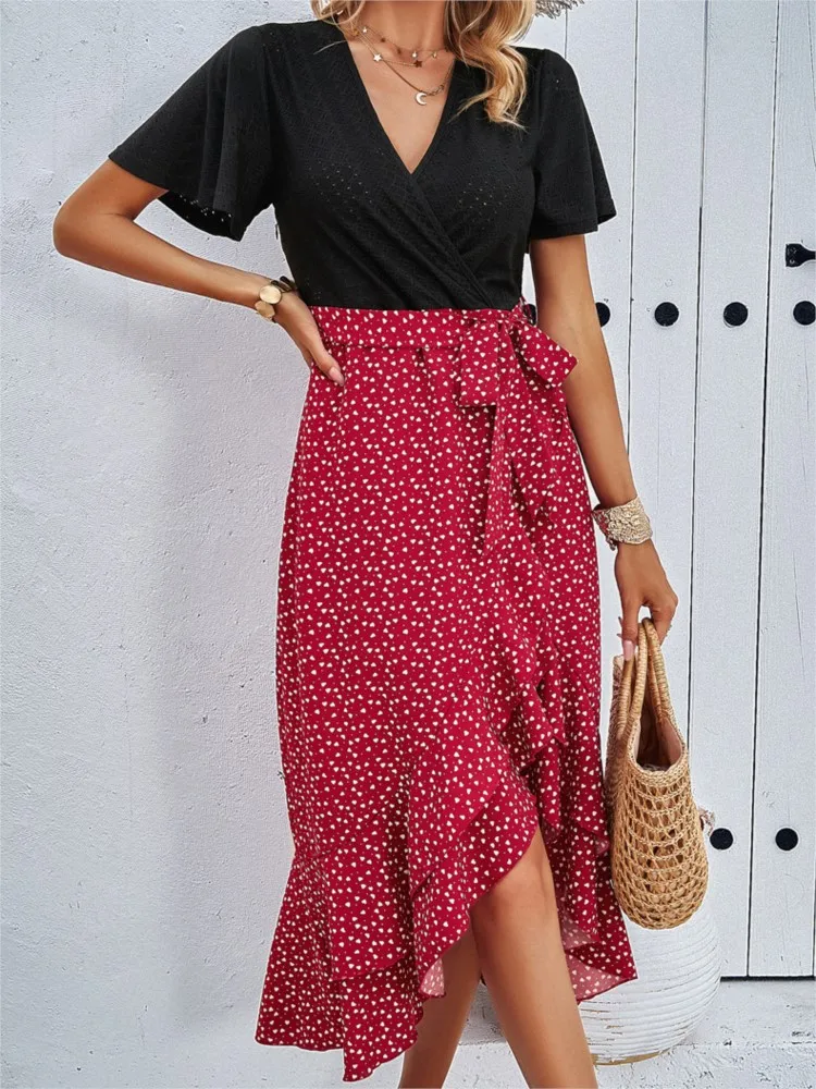 

Summer Temperament Elegant Contrast Color Short-sleeved V-neck Dress Women's Fashion Print Simple Commuting Tie Mid-waist Dress