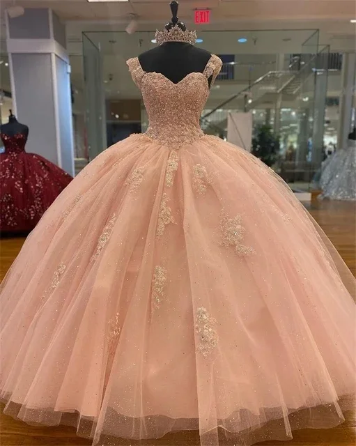 

Glittering Blush Pink Sweetheart Ball Gown Quinceanera Dresses Appliques Sweet 16 Princess Birthday Party Prom Dress Corset Back