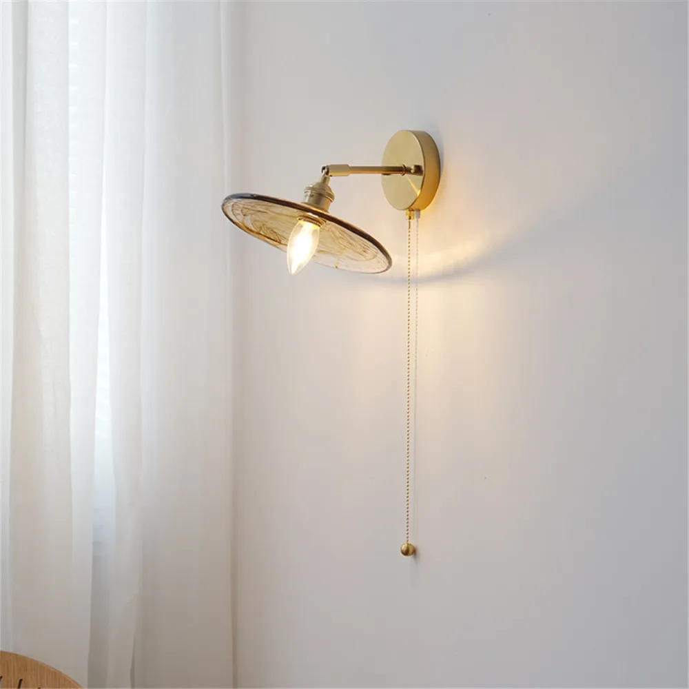 Retro Rotary Wall Lights Loft Copper Glass Shade Read Sconce Wall Lamp With Switch Fixture For Bathroom Bedroom Bedside Lighting