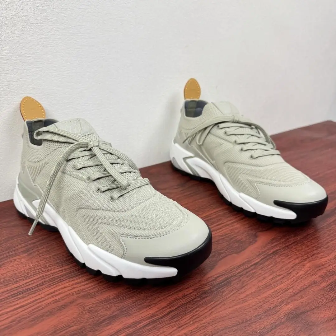 Unisex Light Gray Knit Chunky Sneakers, Breathable Mesh Fabric Lace Up Thick Sole Hiking Style Casual Walking Shoes