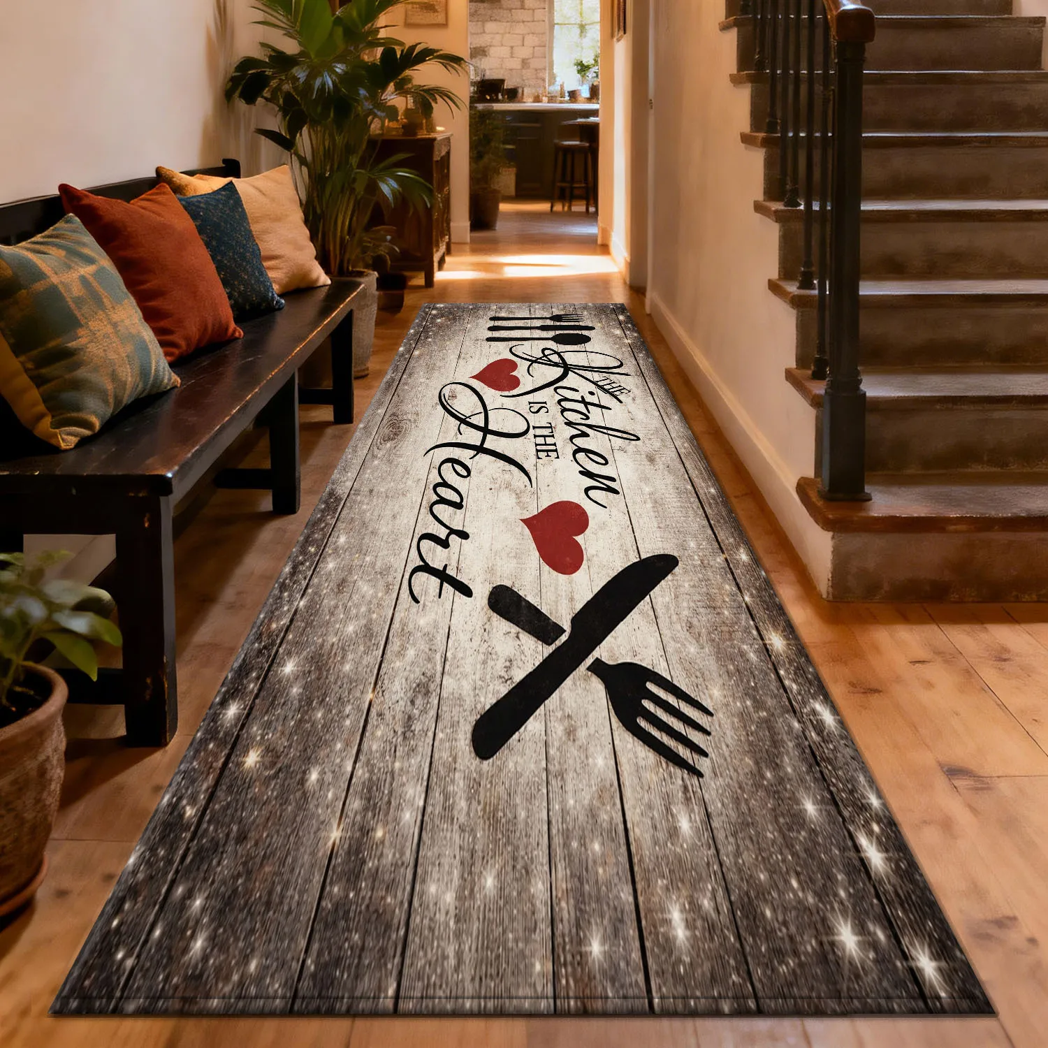 Vintage The Kitchen Is The Heart Kitchen Runner Rug,Rustic Wood Utensil Heart Non-Slip Absorbent Floor Mat for Entryway Bathroom