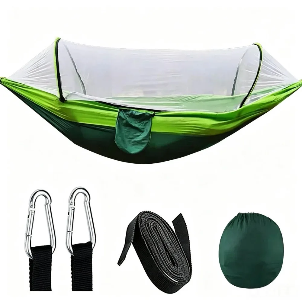 Outdoor Hammock With Integrated Mosquito Net Double Person Nylon Camping Hanging Bed Max Load 300kg Portable With Black Straps