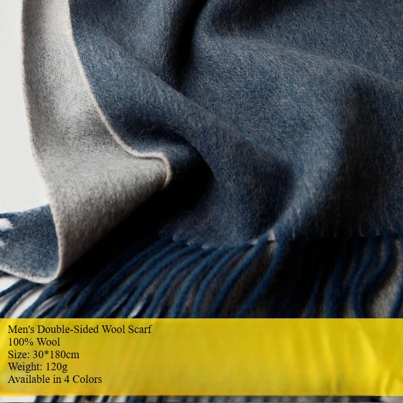 

Мужской двусторонний шерстяной шарф, однотонный, двухцветная бахрома, плотный и теплый на осень и зиму, деловая утеплитель для шеи.