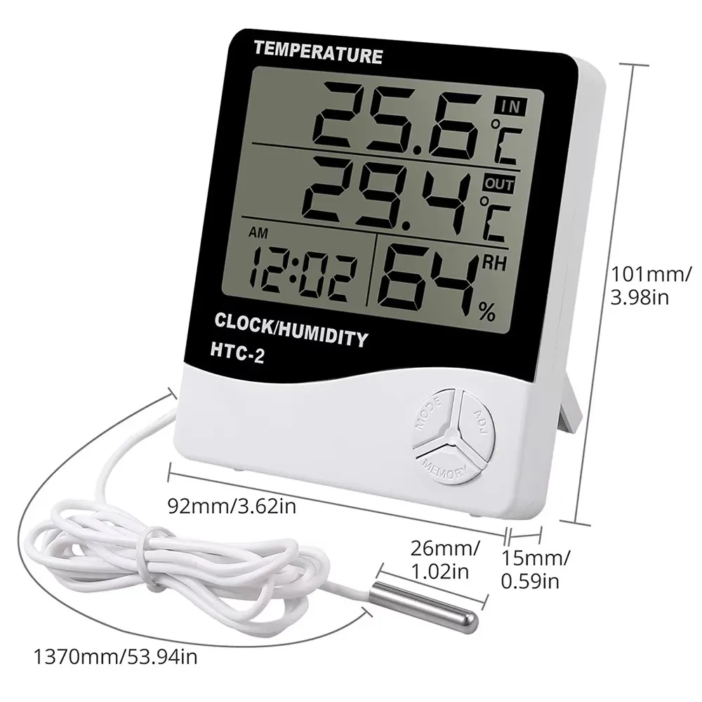 HTC-2 LCD Elektroniczny cyfrowy miernik temperatury i wilgotności Wewnętrzna i zewnętrzna stacja pogodowa z wyświetlaczem temperatury i zegarem