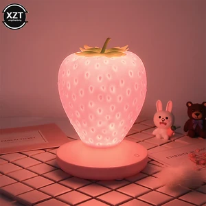 LED Strawberry Lamp for Bedroom Silicon Touch-Sensor USB Rechargeable Dimmable Idyllic Bedside Night Light for House Decoration