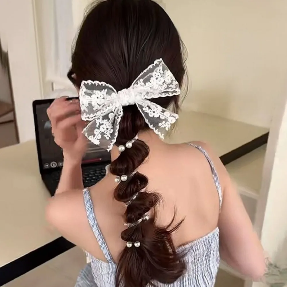 

Lace Bow Phone Line Hair Rope for Women Elegant High-end Bubble Braided Headrope Fashion Rubber Band Headgear Hair Accessories