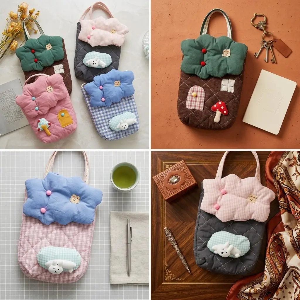 

Quilted Cotton Lunch Bag Cartoon Rabbit Tote Aesthetic Plaid Pattern Handbag Kawaii Patchwork Satchel Soft Fabric Handy Pack