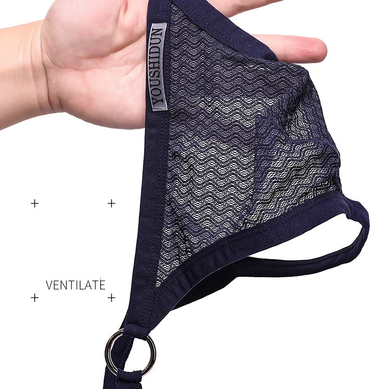 Men's high fork sexual interest mesh solid color cutout see-through cool and breathable large bag iron ring decoration thong gay