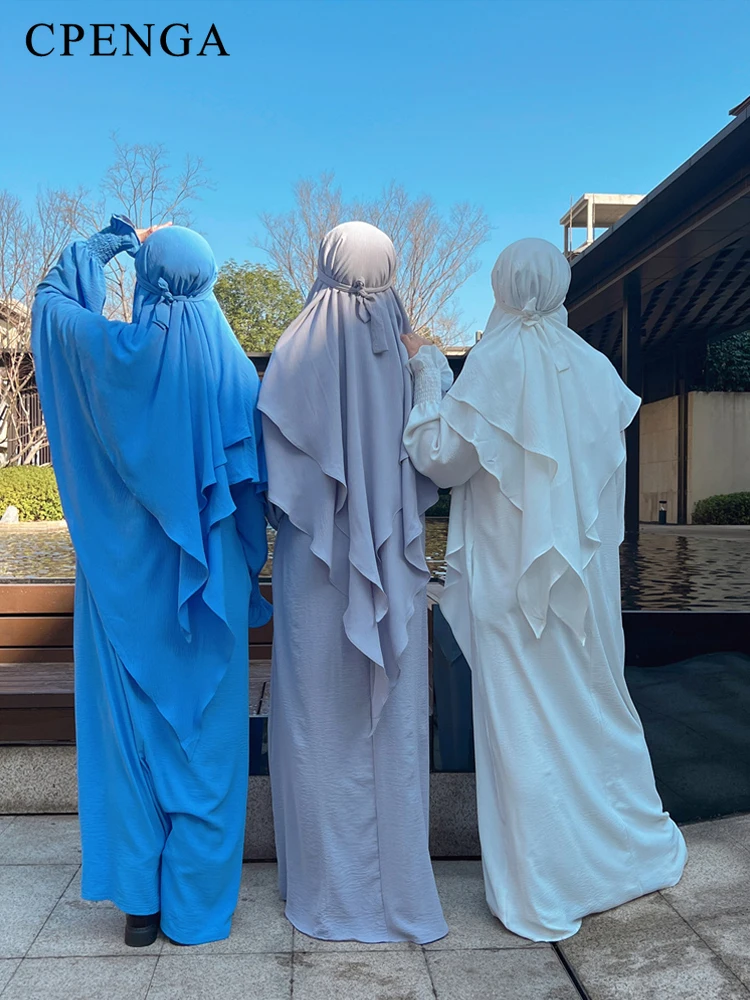 Jilbab Prayer Dress Muslim Women Ramadan Islam Clothing 2 Piece Set Dubai Abaya 2 Layered Khimar Hijab Long Plain Clothes