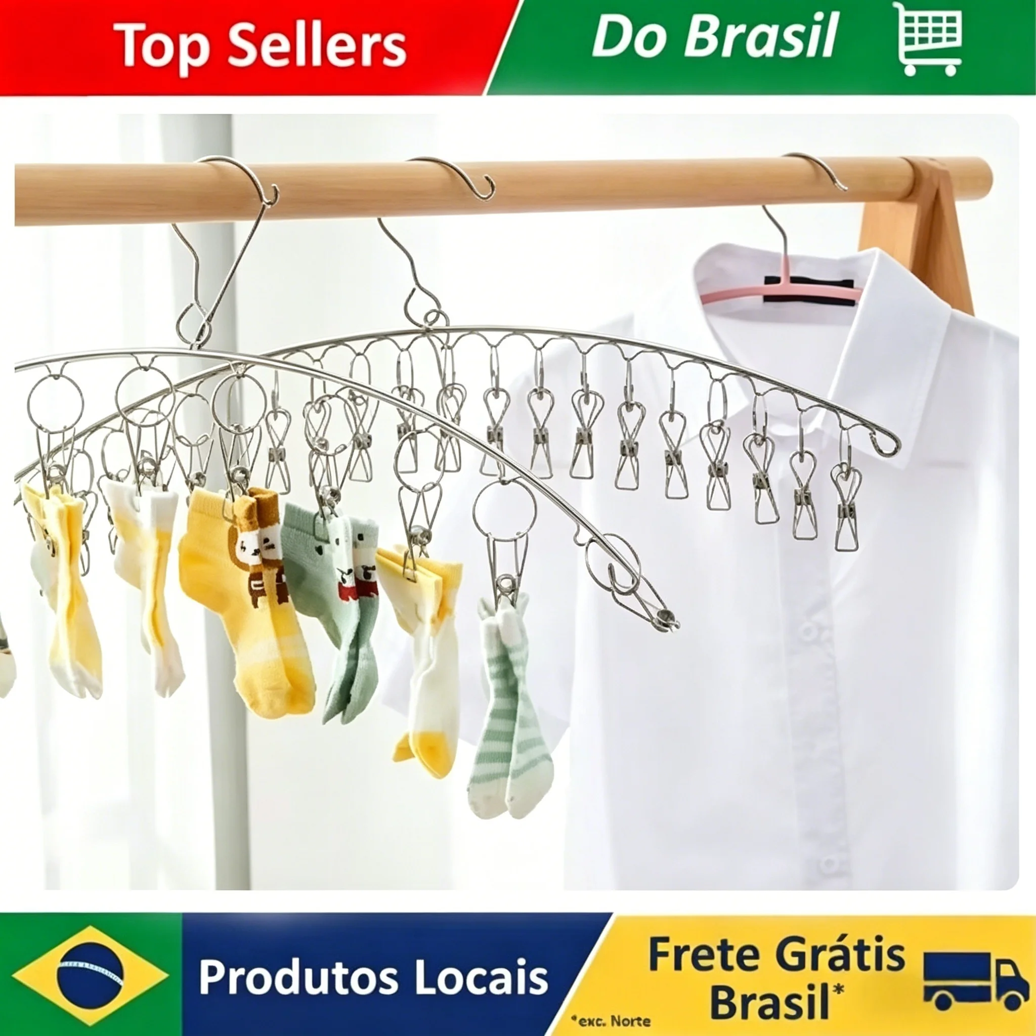 Cabide para Secar Roupas com Clipes, Suporte de Aço Inoxidável à Prova de Vento, Secador de Meias e Roupas Íntimas para Uso Doméstico e Externo