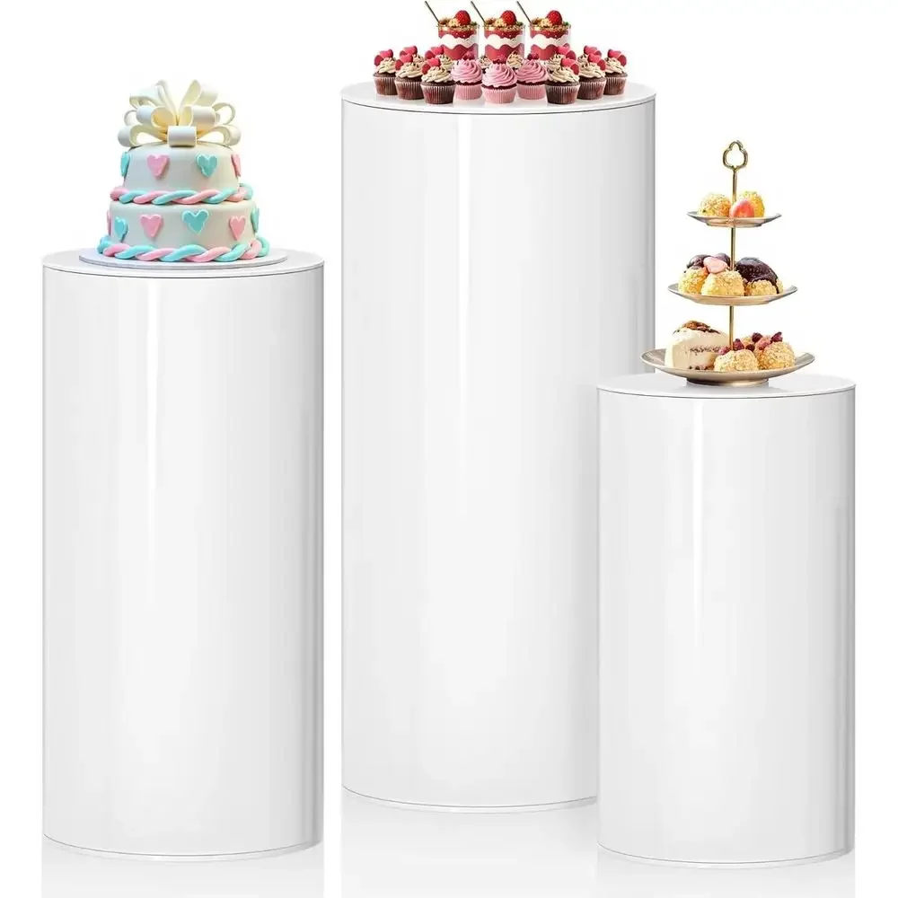 

3Pcs White Cylinder Pedestal Stands, Thickened PVC Round Pedestal Display Plinth Pillars or Wedding Birthday Babyshower Decorati