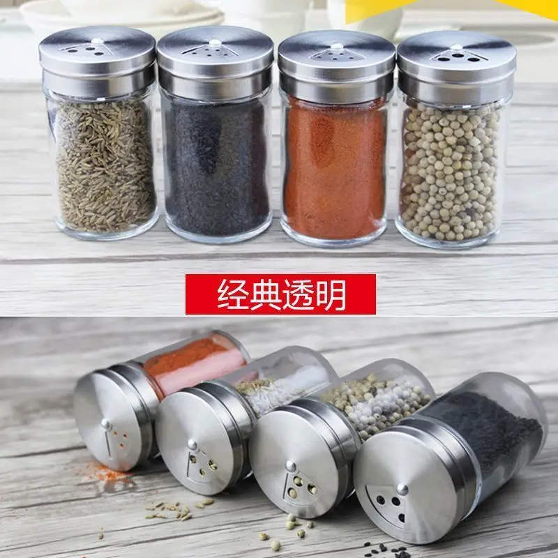 Glass Seasoning Bottle Seasoning Bottle Seasoning Pot Stainless Steel Rotating Lid Kitchen Utensils Pepper Shaker Barbecue Set